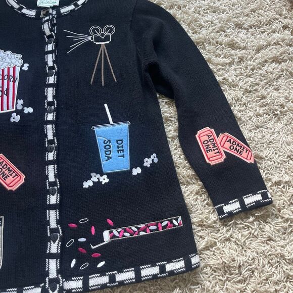 Awesome Quacker Factory Sweater S Movie, Snacks, Cardigan, Black, Embroidered - Picture 4 of 13